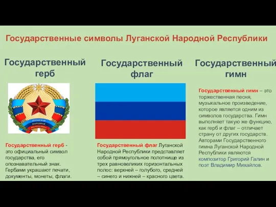 Государственные символы Луганской Народной Республики Государственный герб Государственный флаг Государственный гимн Государственный