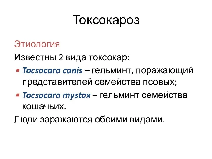 Токсокароз Этиология Известны 2 вида токсокар: Tocsocara canis – гельминт, поражающий представителей