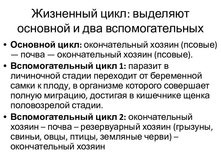 Жизненный цикл: выделяют основной и два вспомогательных Основной цикл: окончательный хозяин (псовые)