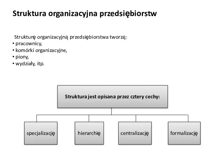 Struktura organizacyjna przedsiębiorstw Strukturę organizacyjną przedsiębiorstwa tworzą: pracownicy, komórki organizacyjne, piony, wydziały, itp.