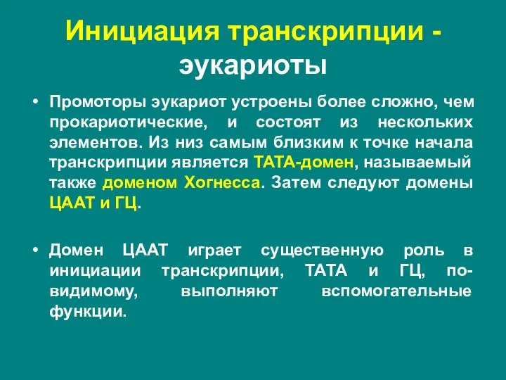 Промоторы эукариот устроены более сложно, чем прокариотические, и состоят из нескольких элементов.