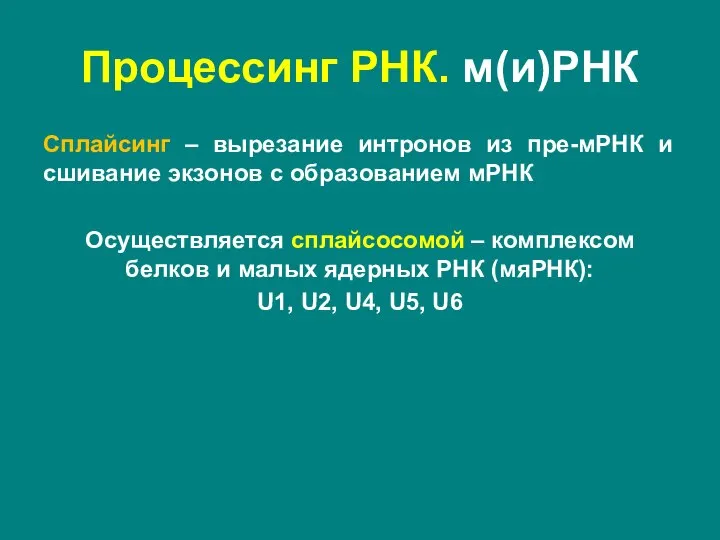 Сплайсинг – вырезание интронов из пре-мРНК и сшивание экзонов с образованием мРНК