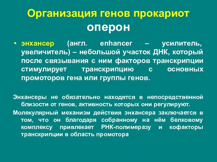 энхансер (англ. enhancer – усилитель, увеличитель) – небольшой участок ДНК, который после