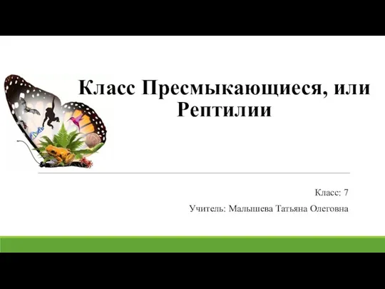 Класс Пресмыкающиеся, или Рептилии Класс: 7 Учитель: Малышева Татьяна Олеговна