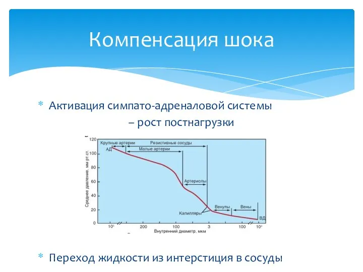 Активация симпато-адреналовой системы – рост постнагрузки Переход жидкости из интерстиция в сосуды Компенсация шока
