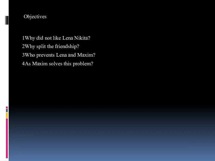 Objectives 1Why did not like Lena Nikita? 2Why split the friendship? 3Who