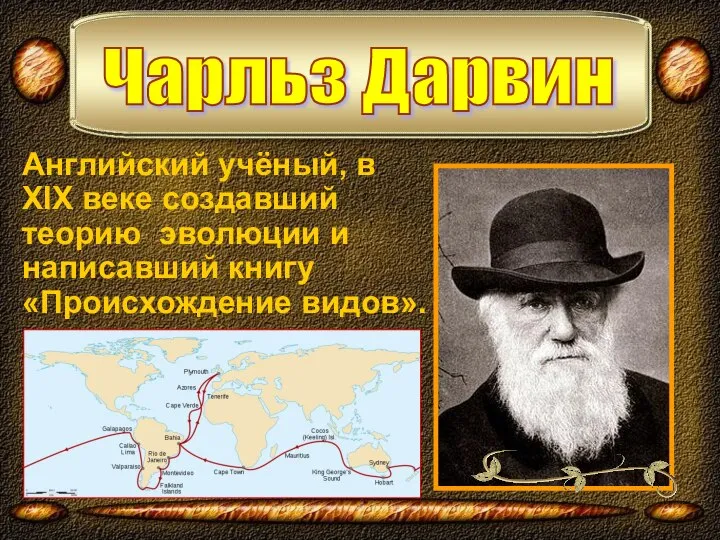 Английский учёный, в XIX веке создавший теорию эволюции и написавший книгу «Происхождение видов». Чарльз Дарвин