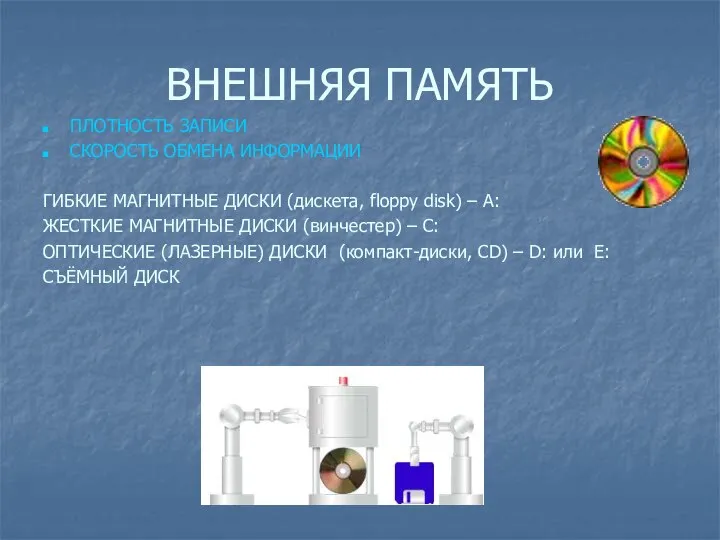 ВНЕШНЯЯ ПАМЯТЬ ПЛОТНОСТЬ ЗАПИСИ СКОРОСТЬ ОБМЕНА ИНФОРМАЦИИ ГИБКИЕ МАГНИТНЫЕ ДИСКИ (дискета, floppy