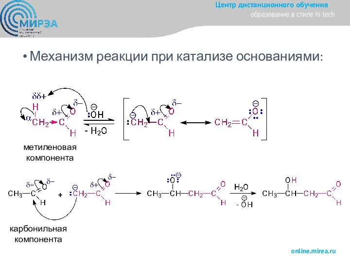 Механизм реакции при катализе основаниями: метиленовая компонента карбонильная компонента
