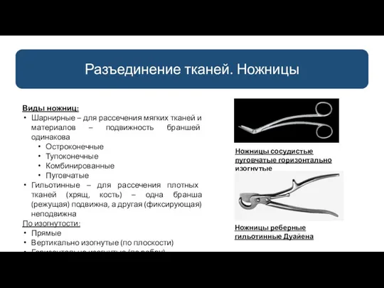 Разъединение тканей. Ножницы Виды ножниц: Шарнирные – для рассечения мягких тканей и