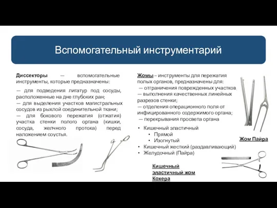 Вспомогательный инструментарий Диссекторы — вспомогательные инструменты, которые предназначены: — для подведения лигатур