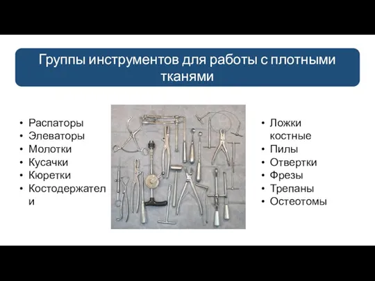 Группы инструментов для работы с плотными тканями Распаторы Элеваторы Молотки Кусачки Кюретки