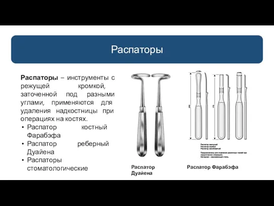 Распаторы Распаторы – инструменты с режущей кромкой, заточенной под разными углами, применяются