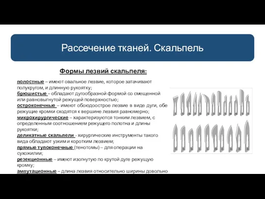 Рассечение тканей. Скальпель Формы лезвий скальпеля: полостные – имеют овальное лезвие, которое