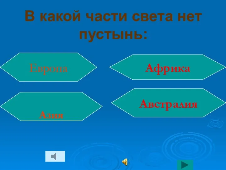 В какой части света нет пустынь: Европа Азия Австралия Африка