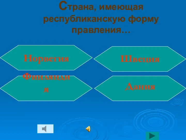 Страна, имеющая республиканскую форму правления… Швеция Дания Норвегия Финляндия