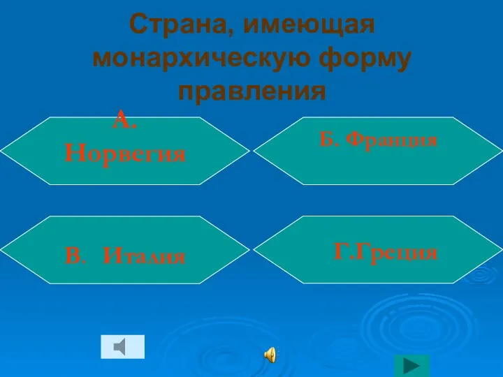 Страна, имеющая монархическую форму правления Г.Греция Б. Франция В. Италия А. Норвегия