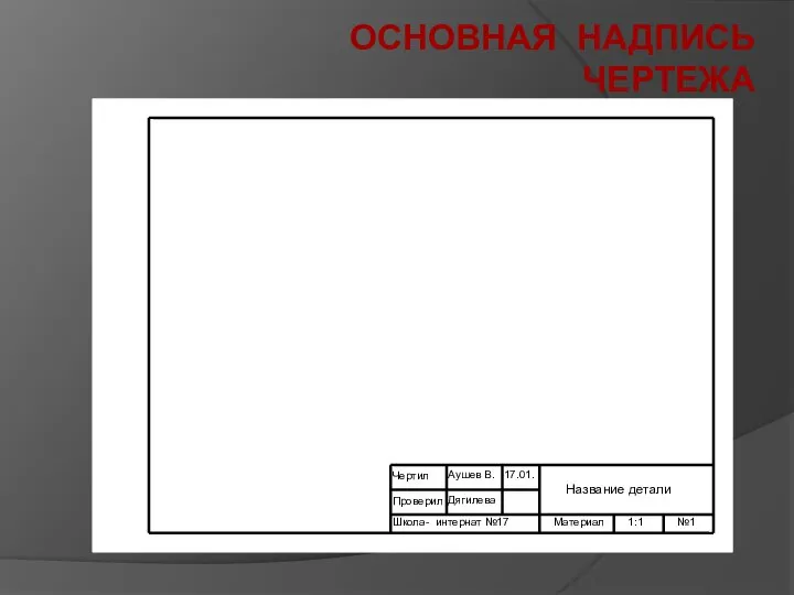 ОСНОВНАЯ НАДПИСЬ ЧЕРТЕЖА Чертил Проверил Школа- интернат №17 Аушев В. Дягилева 17.01.