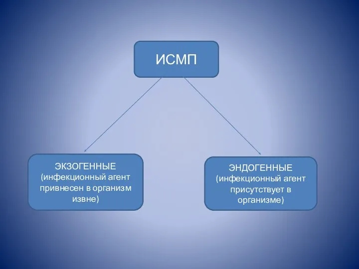 ИСМП ЭКЗОГЕННЫЕ (инфекционный агент привнесен в организм извне) ЭНДОГЕННЫЕ (инфекционный агент присутствует в организме)