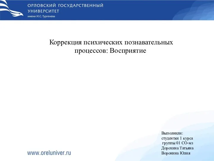 Выполнили: студентки 1 курса группы 01 СО-мз Дорохина Татьяна Воронина Юлия Коррекция психических познавательных процессов: Восприятие