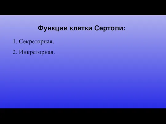 Функции клетки Сертоли: 1. Секреторная. 2. Инкреторная.