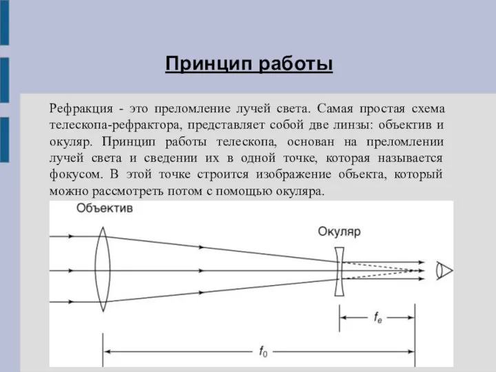 Принцип работы Рефракция - это преломление лучей света. Самая простая схема телескопа-рефрактора,