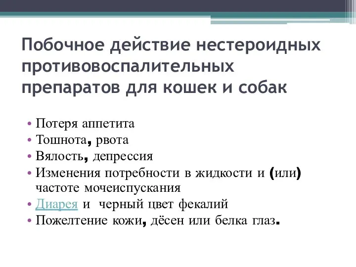 Побочное действие нестероидных противовоспалительных препаратов для кошек и собак Потеря аппетита Тошнота,