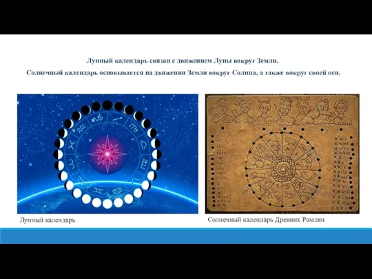 Лунный календарь связан с движением Луны вокруг Земли. Солнечный календарь основывается на
