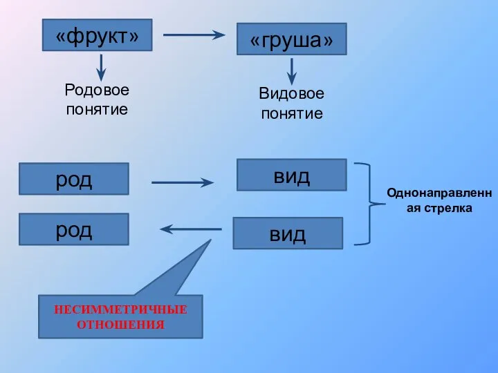 «фрукт» вид род вид род «груша» Родовое понятие Видовое понятие Однонаправленная стрелка НЕСИММЕТРИЧНЫЕ ОТНОШЕНИЯ