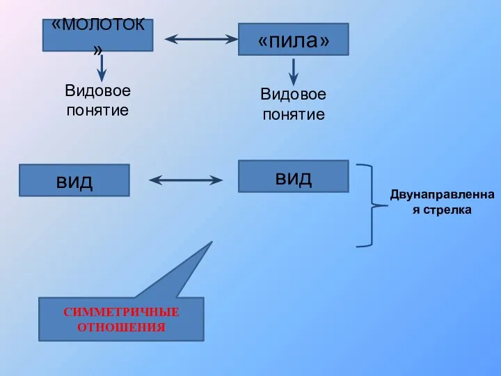 «МОЛОТОК» вид вид «пила» Видовое понятие Видовое понятие Двунаправленная стрелка СИММЕТРИЧНЫЕ ОТНОШЕНИЯ