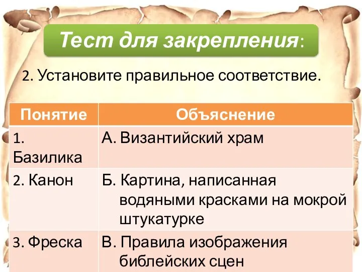 2. Установите правильное соответствие. Тест для закрепления: