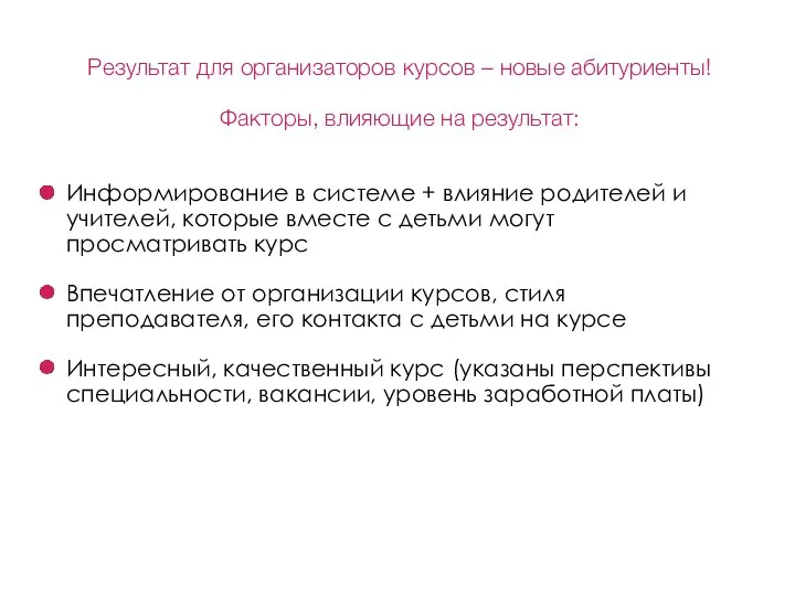 Результат для организаторов курсов – новые абитуриенты! Факторы, влияющие на результат: Информирование