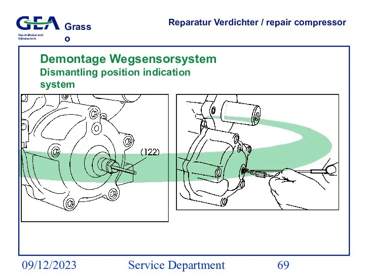 09/12/2023 Service Department (ESS) Reparatur Verdichter / repair compressor Demontage Wegsensorsystem Dismantling position indication system