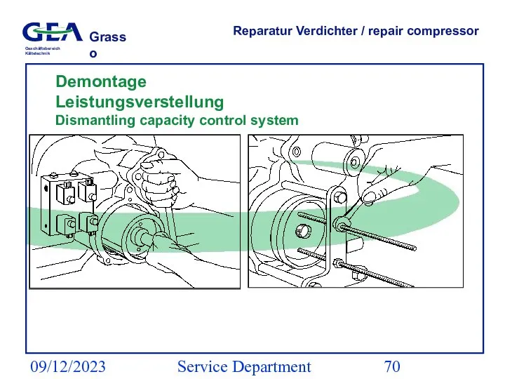 09/12/2023 Service Department (ESS) Reparatur Verdichter / repair compressor Demontage Leistungsverstellung Dismantling capacity control system