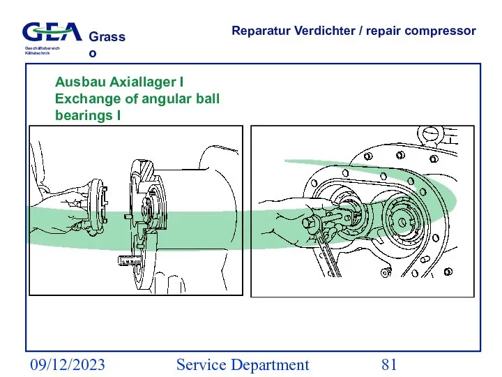 09/12/2023 Service Department (ESS) Reparatur Verdichter / repair compressor Ausbau Axiallager I