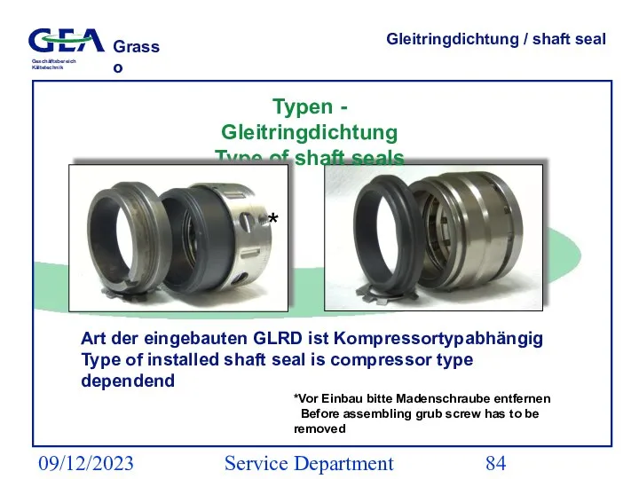 09/12/2023 Service Department (ESS) Gleitringdichtung / shaft seal Art der eingebauten GLRD