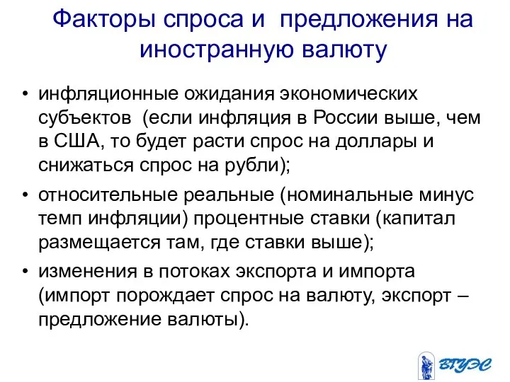 Факторы спроса и предложения на иностранную валюту инфляционные ожидания экономических субъектов (если