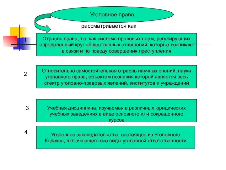 Уголовное право Отрасль права, т.е. как система правовых норм, регулирующих определенный круг