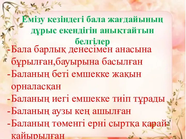 Емізу кезіндегі бала жағдайының дұрыс екендігін анықтайтын белгілер Бала барлық денесімен анасына