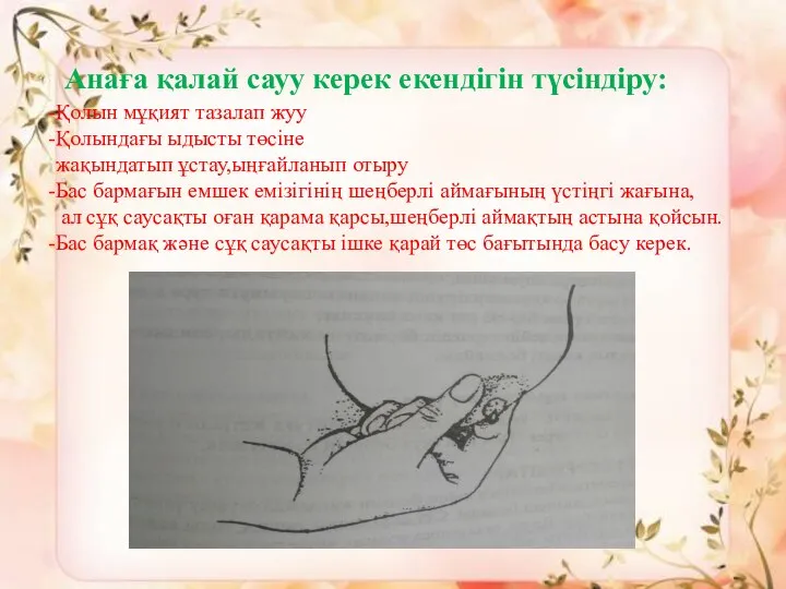 Анаға қалай сауу керек екендігін түсіндіру: Қолын мұқият тазалап жуу Қолындағы ыдысты