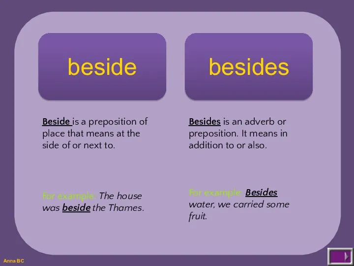 beside besides Beside is a preposition of place that means at the