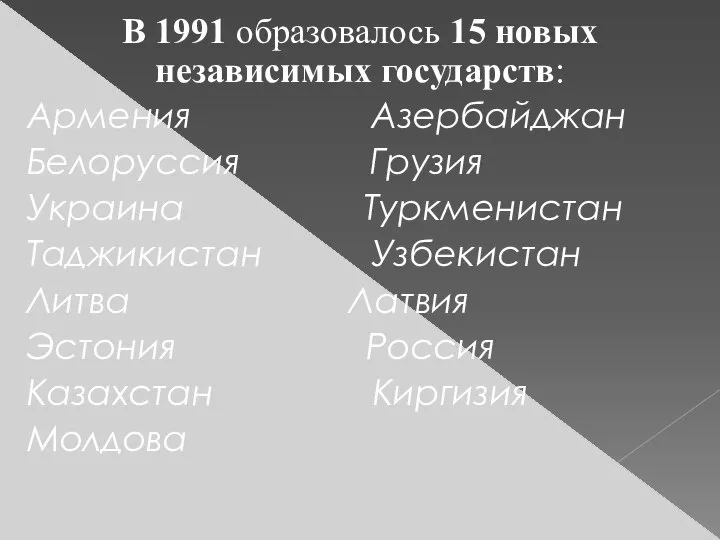 В 1991 образовалось 15 новых независимых государств: Армения Азербайджан Белоруссия Грузия Украина