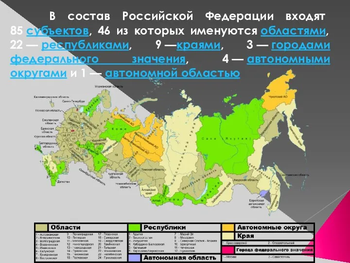 В состав Российской Федерации входят 85 субъектов, 46 из которых именуются областями,