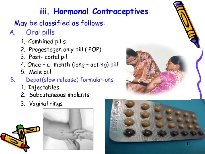 iii. Hormonal Contraceptives May be classified as follows: Oral pills Combined pills