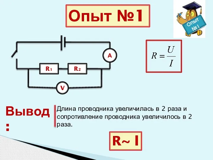 R1 А V R2 Вывод: Длина проводника увеличилась в 2 раза и