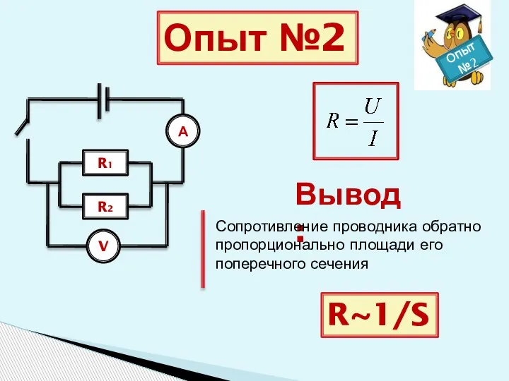 Опыт №2 R1 А V R2 Вывод: Сопротивление проводника обратно пропорционально площади его поперечного сечения R~1/S