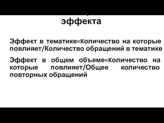 Методика расчета эффекта Эффект в тематике=Kоличество на которые повлияет/Количество обращений в тематике