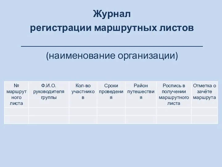 Журнал регистрации маршрутных листов _____________________________________ (наименование организации)