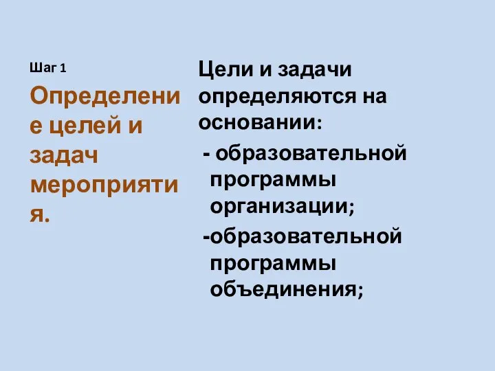 Шаг 1 Цели и задачи определяются на основании: образовательной программы организации; образовательной