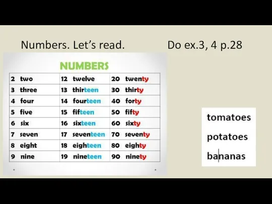 Numbers. Let’s read. Do ex.3, 4 p.28